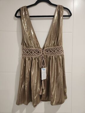 My Beach Side NWT Shimmery Gold  V-Neck Dress with Crochet Waist Tie
